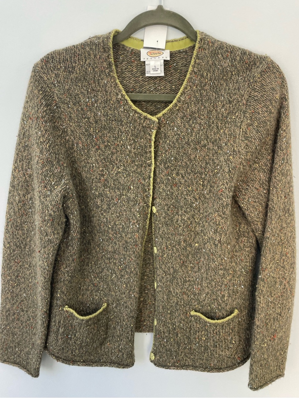 Vintage Talbots Green Wool Cardigan with Yellow Trim